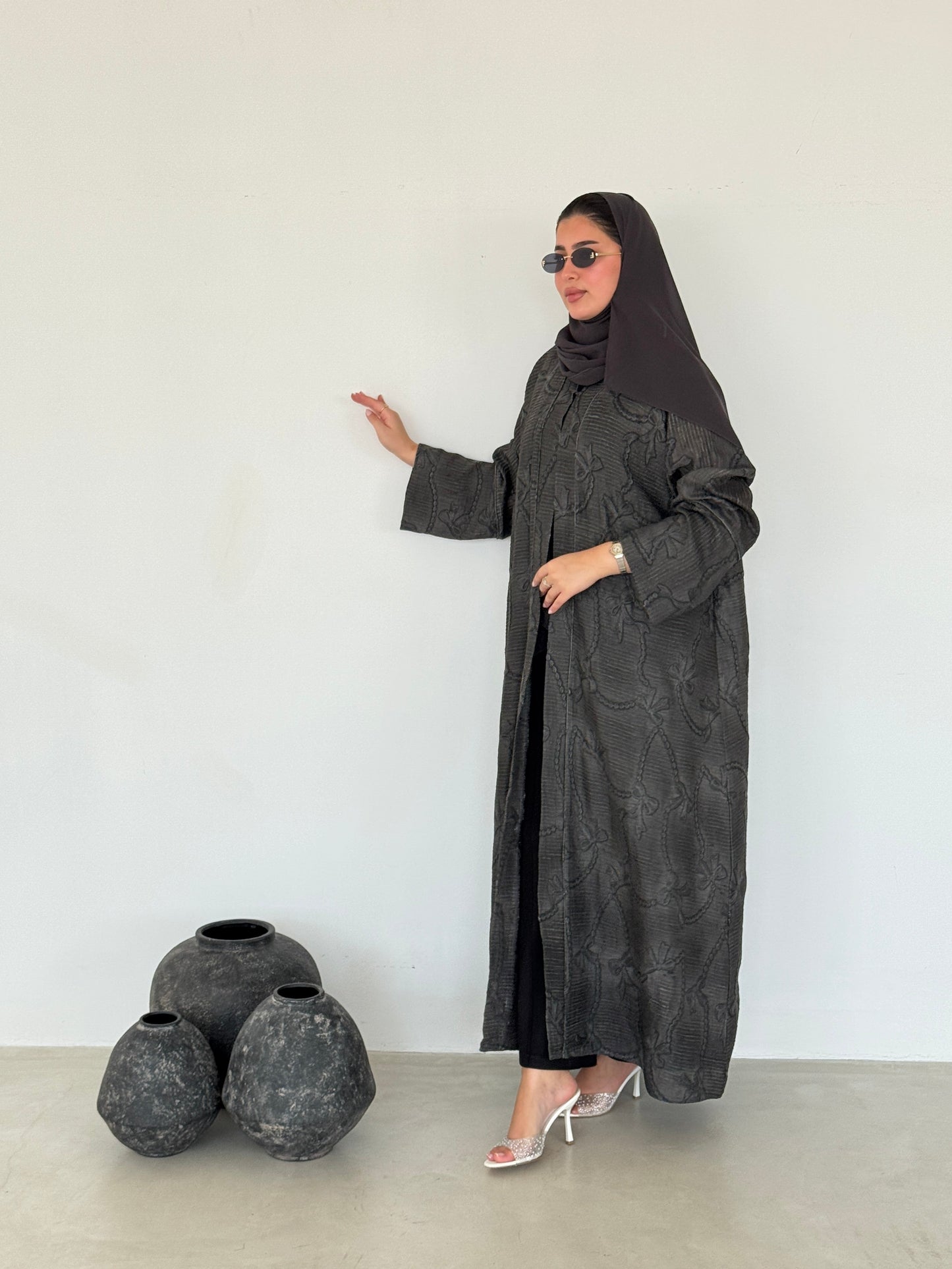 FAB220-Black Grey Ribbon Embroidery Linen Abaya with headscarf