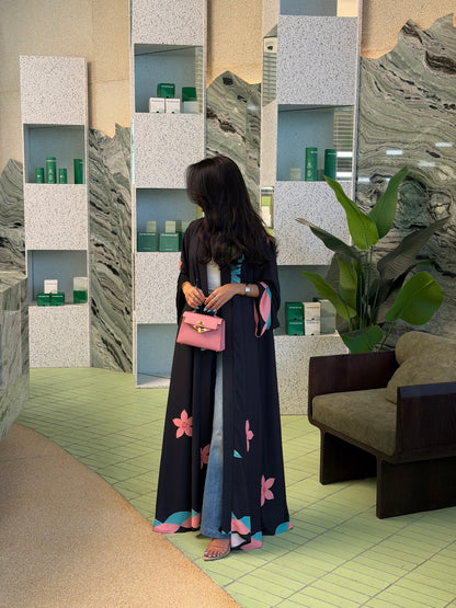 FAB324-Black Pink and Green Floral Print abaya and headscarf- Straight Cut