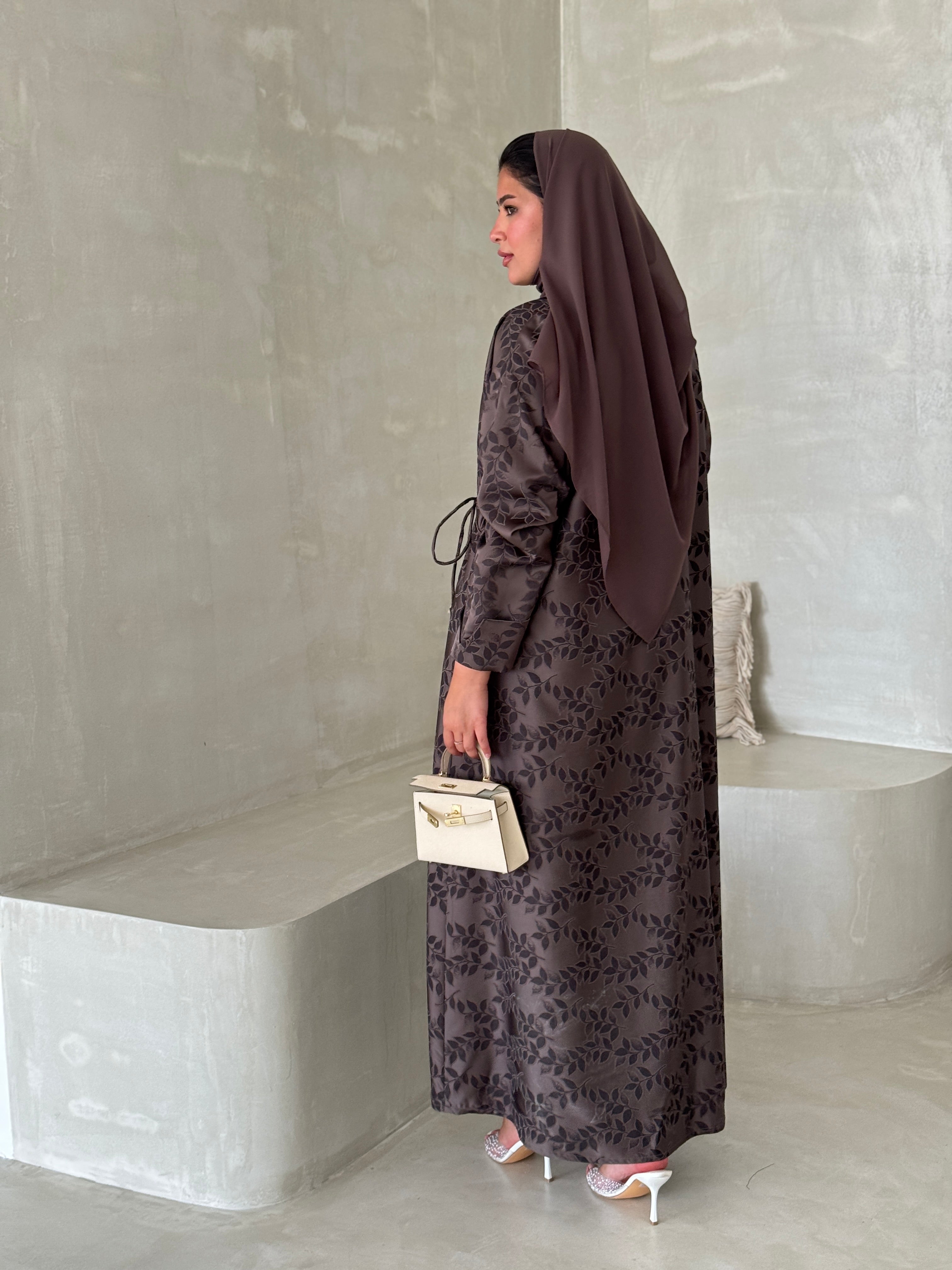 FAB197- Brown Collar Blazer Cut Abaya with headscarf