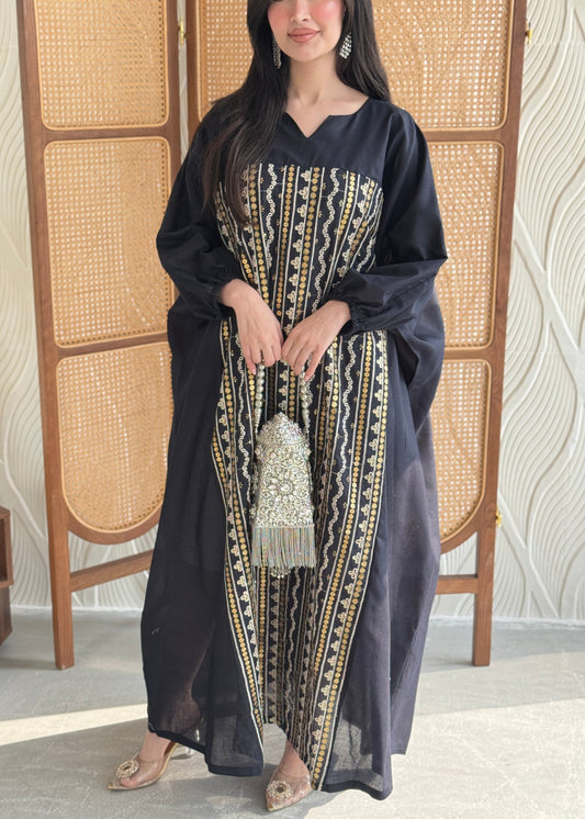 FAB265- Navy free-size linen jalabiya with elegant gold embroidery