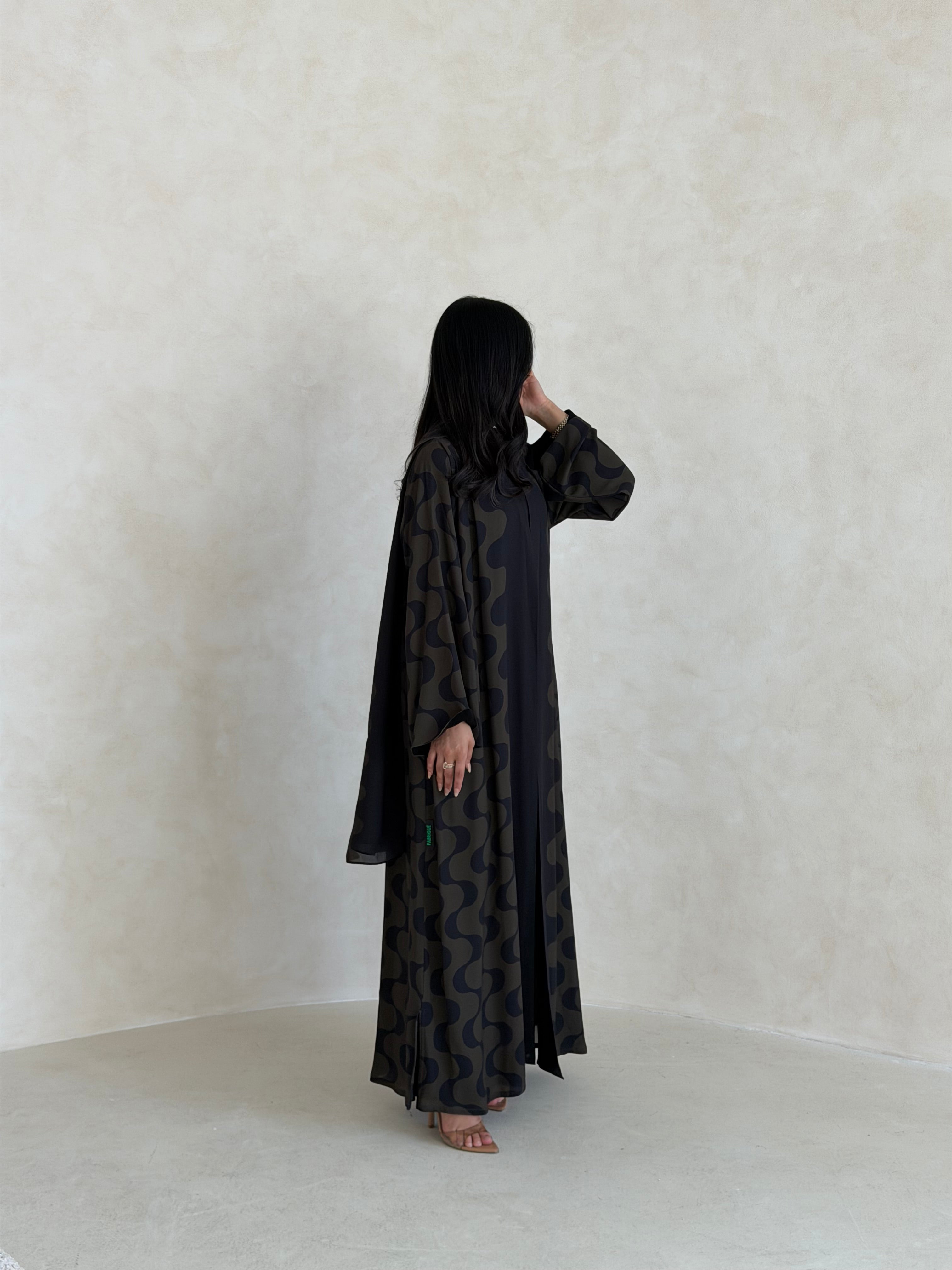 FAB343- Dark Olive and Black Waves Printed Straight-Cut Abaya and matching headscarf