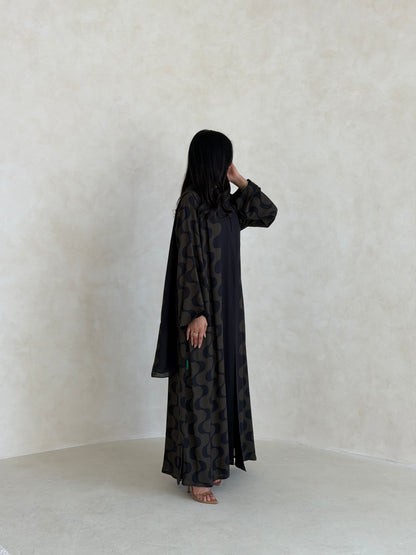 FAB343- Dark Olive and Black Waves Printed Straight-Cut Abaya and matching headscarf