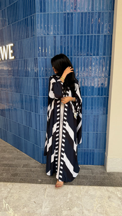 FAB303- Blue & Black Print Chiffon Silk A-Cut Abaya Set