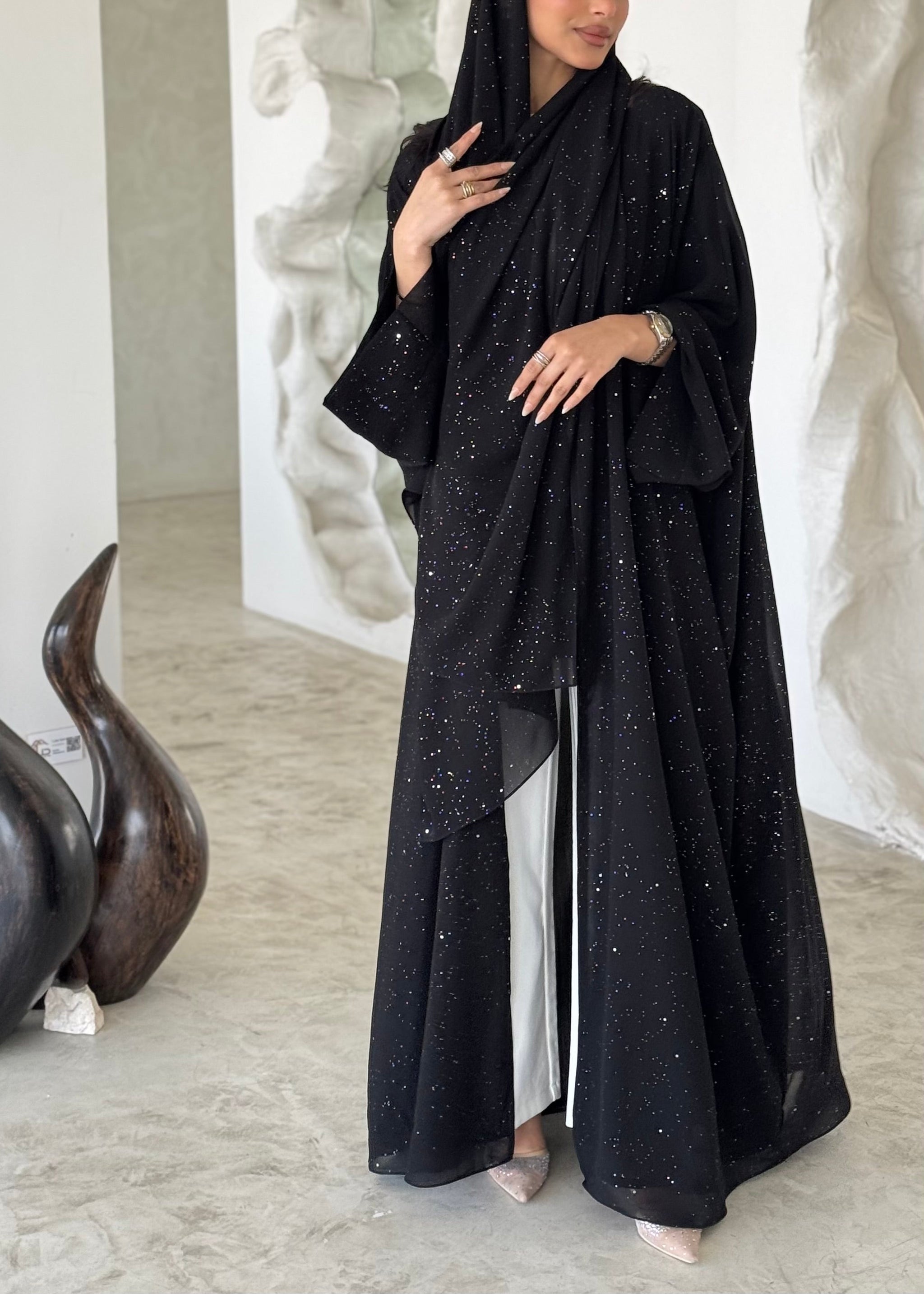 FAB181- Black Glitter Chiffon Abaya Set