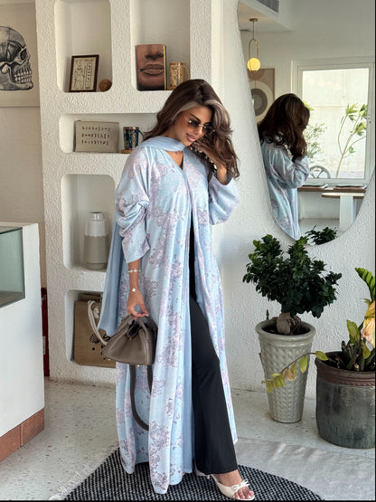 FAB299- Pink and Blue Lace and Linen Summer A-Cut Abaya