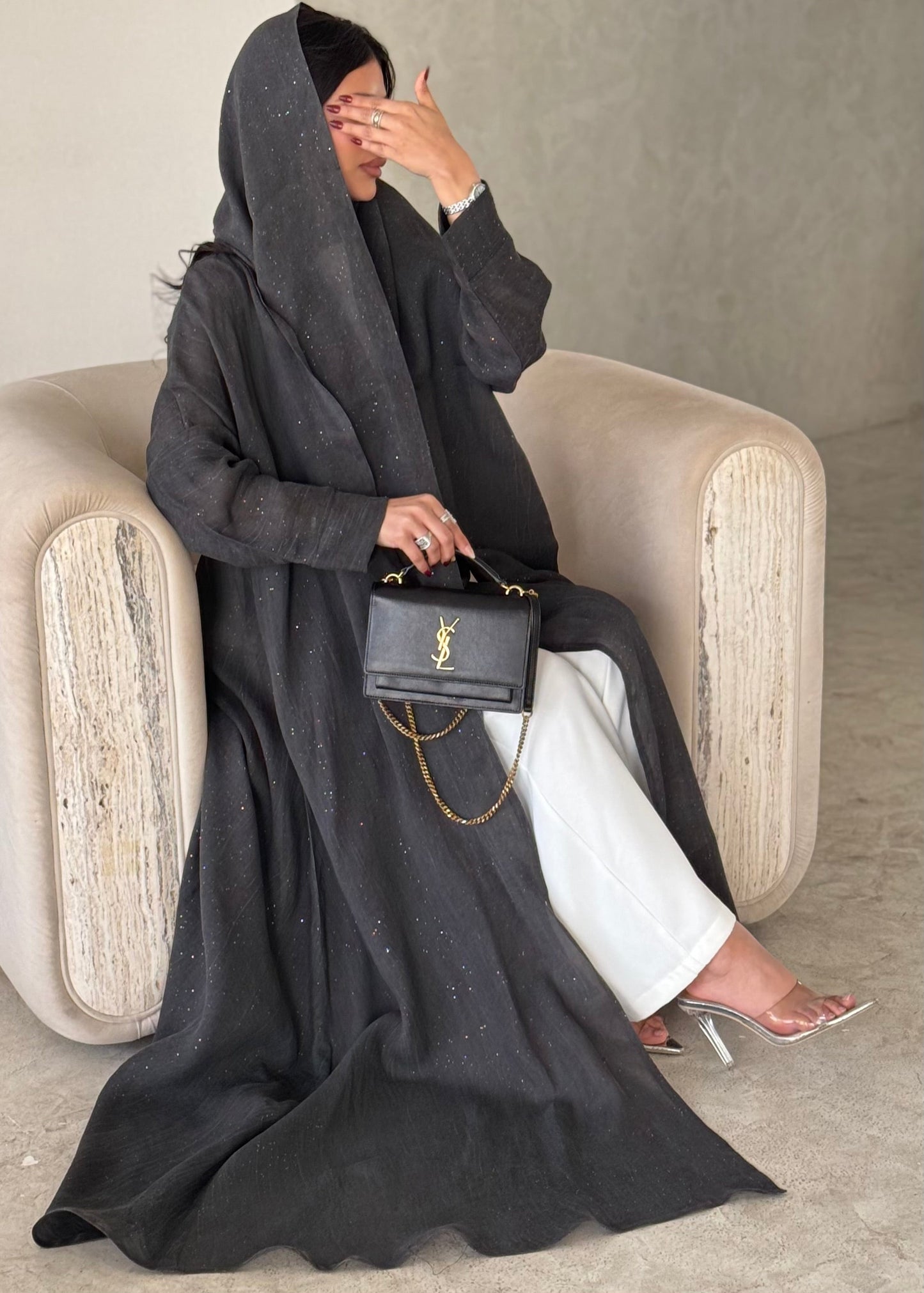 FAB169-Charcoal Black Glitter Linen A-Cut Abaya Set