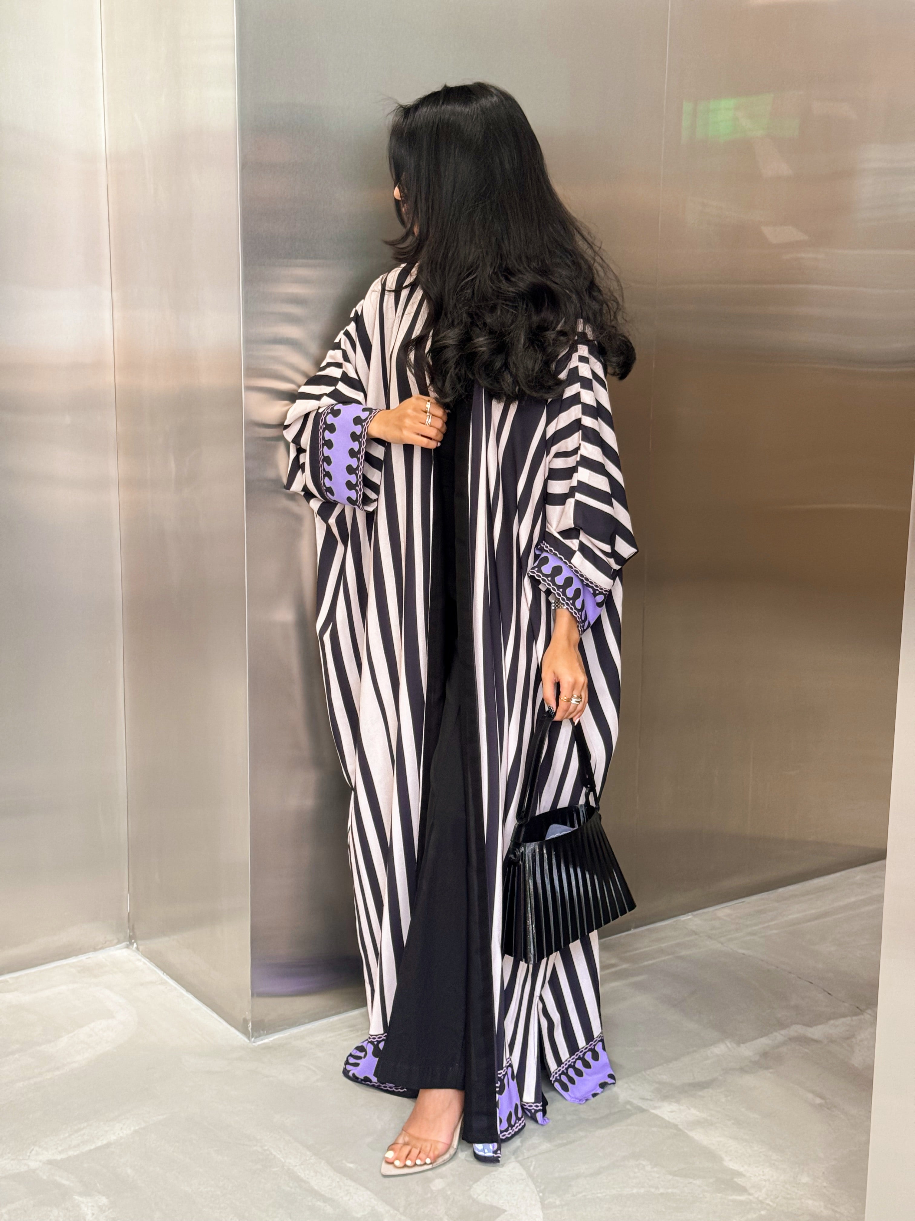 FAB321-Purple Black & Light Beige Striped Half Bisht-Cut Abaya with Neon border print