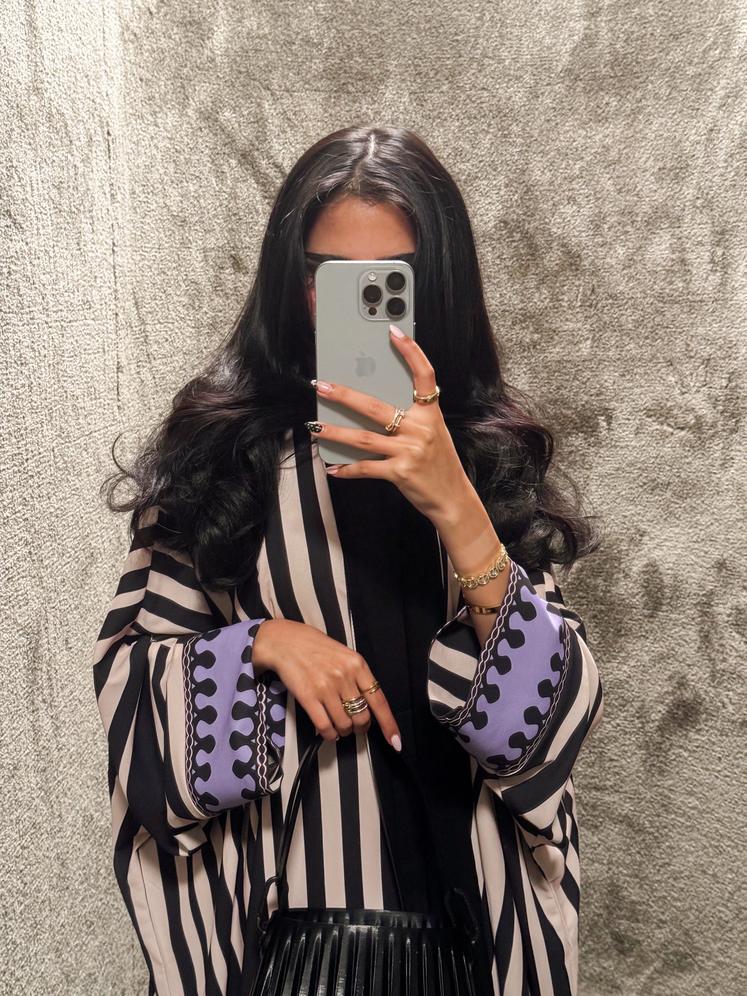 FAB321-Purple Black & Light Beige Striped Half Bisht-Cut Abaya with Neon border print