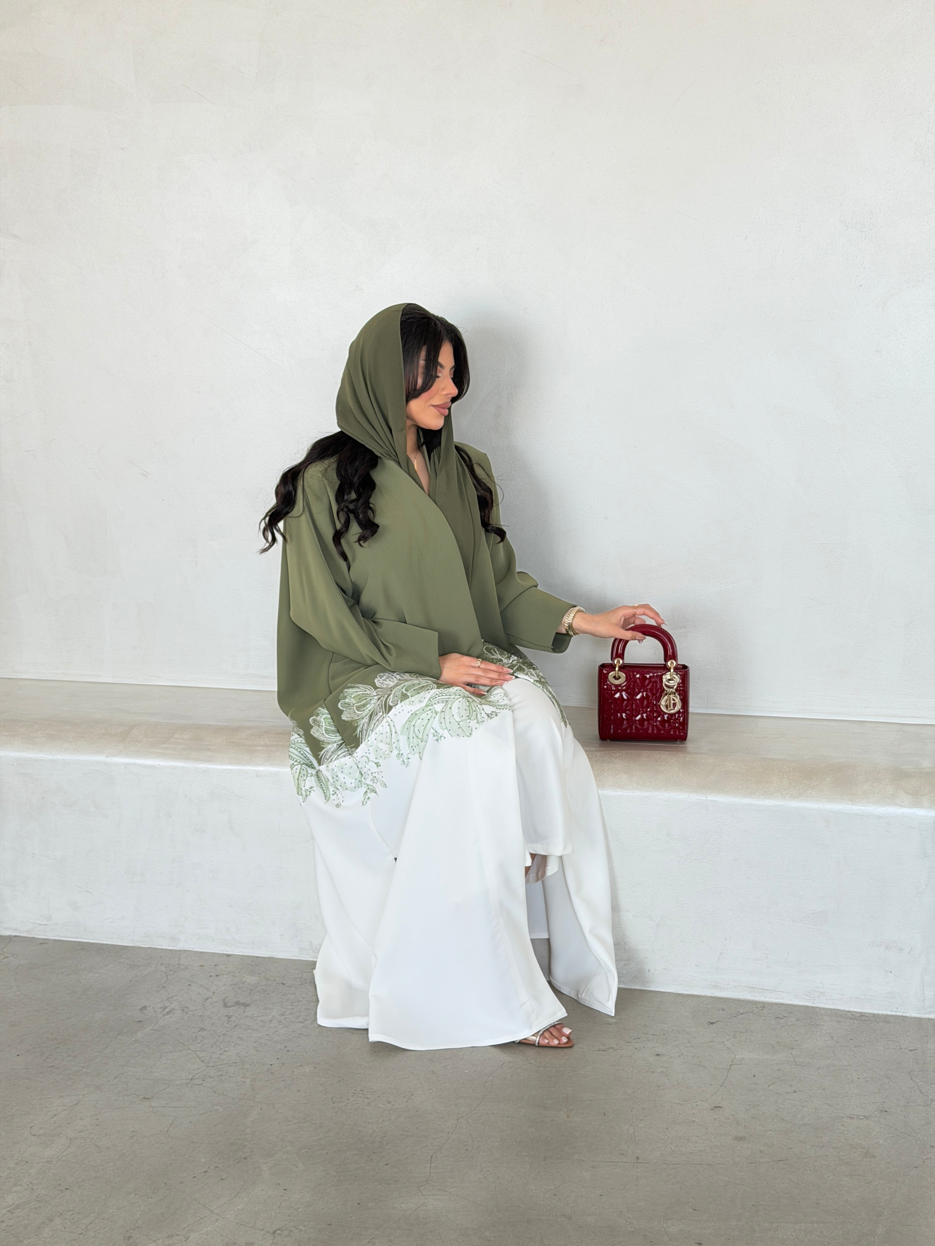 FAB294- Light Green & White Crepe Crystal Embroidered Abaya