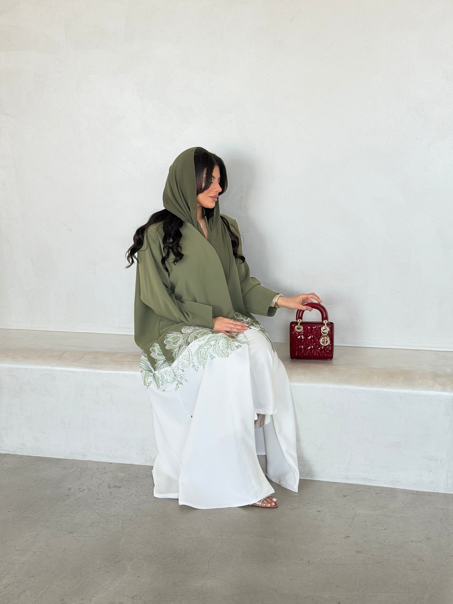 FAB294- Light Green & White Crepe Crystal Embroidered Abaya