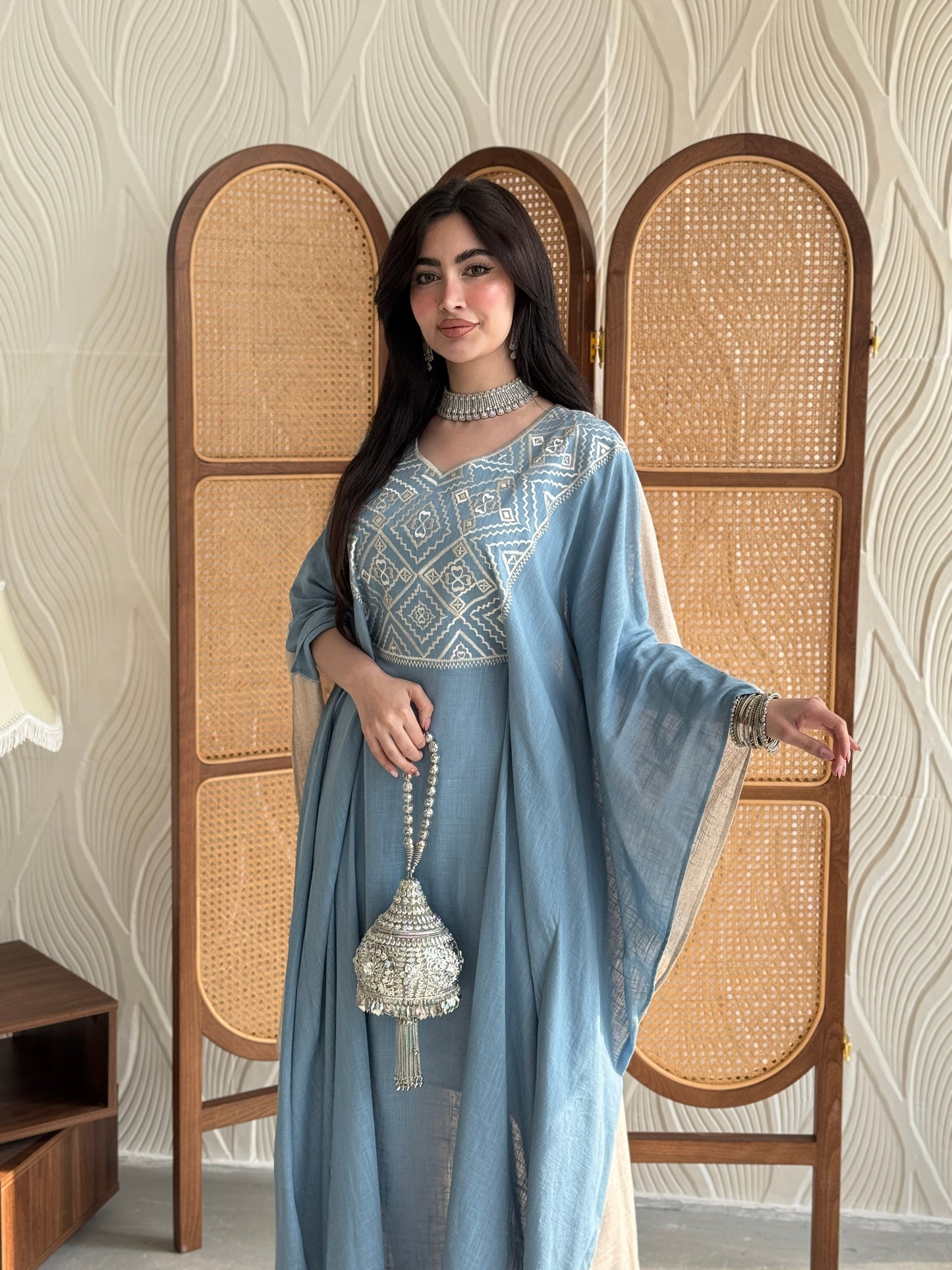 FAB252- Blue Beige Two-sided embroidered Linen butterfly cut jalabiya