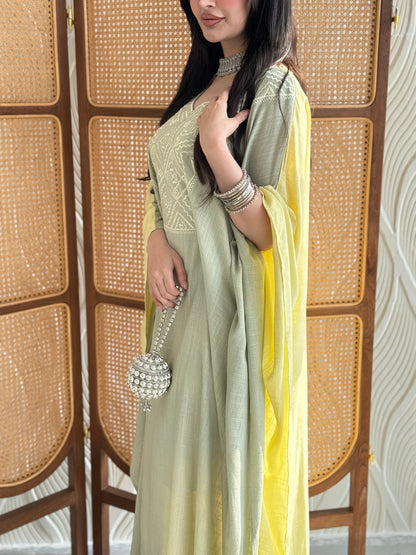 FAB254- Light Green and Yellow Two-sided embroidered Linen butterfly cut jalabiya