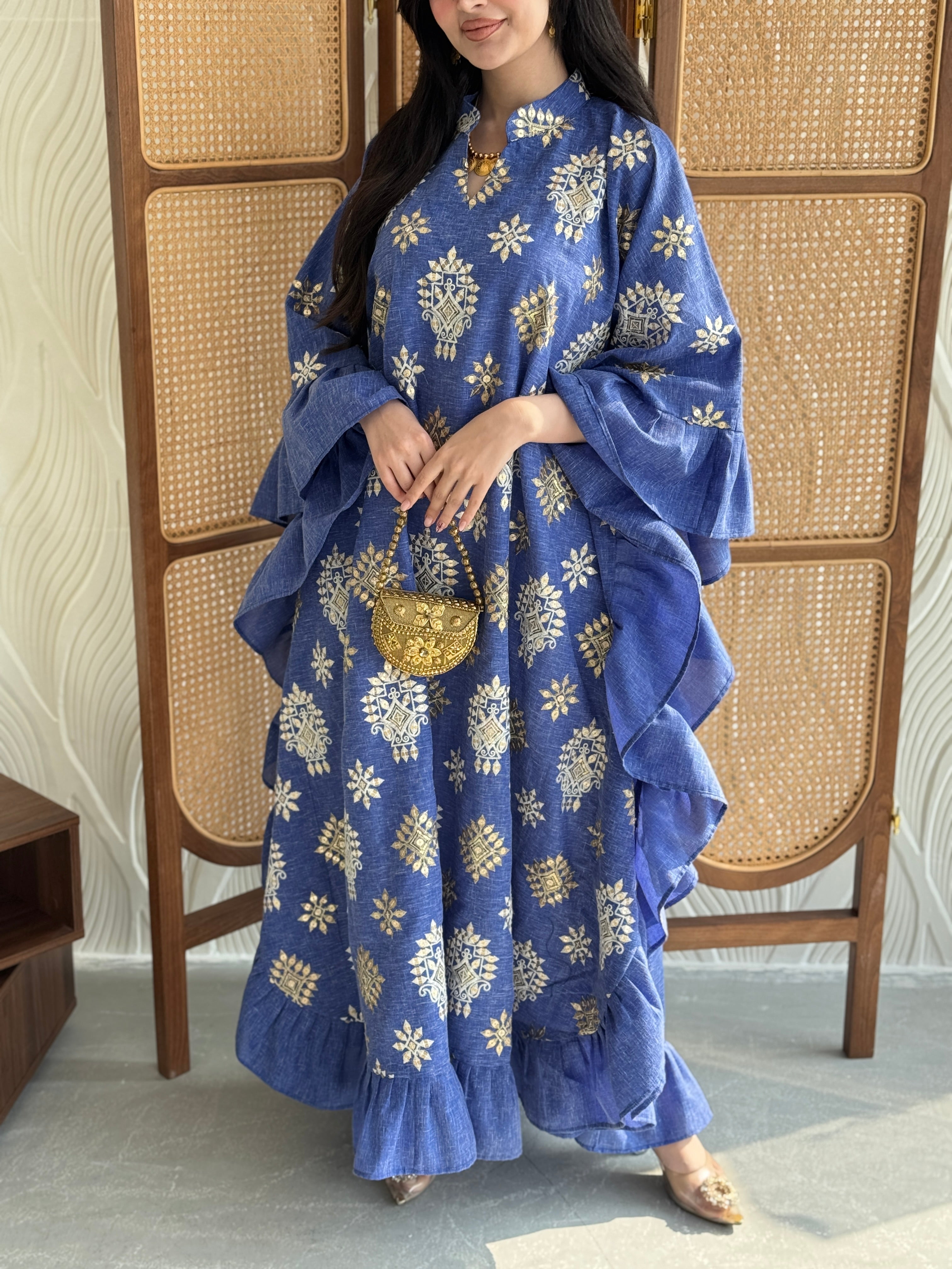 FAB273-Blue Linen Embroidered Butterfly-Cut Jalabiya with Ruffled Sleeves