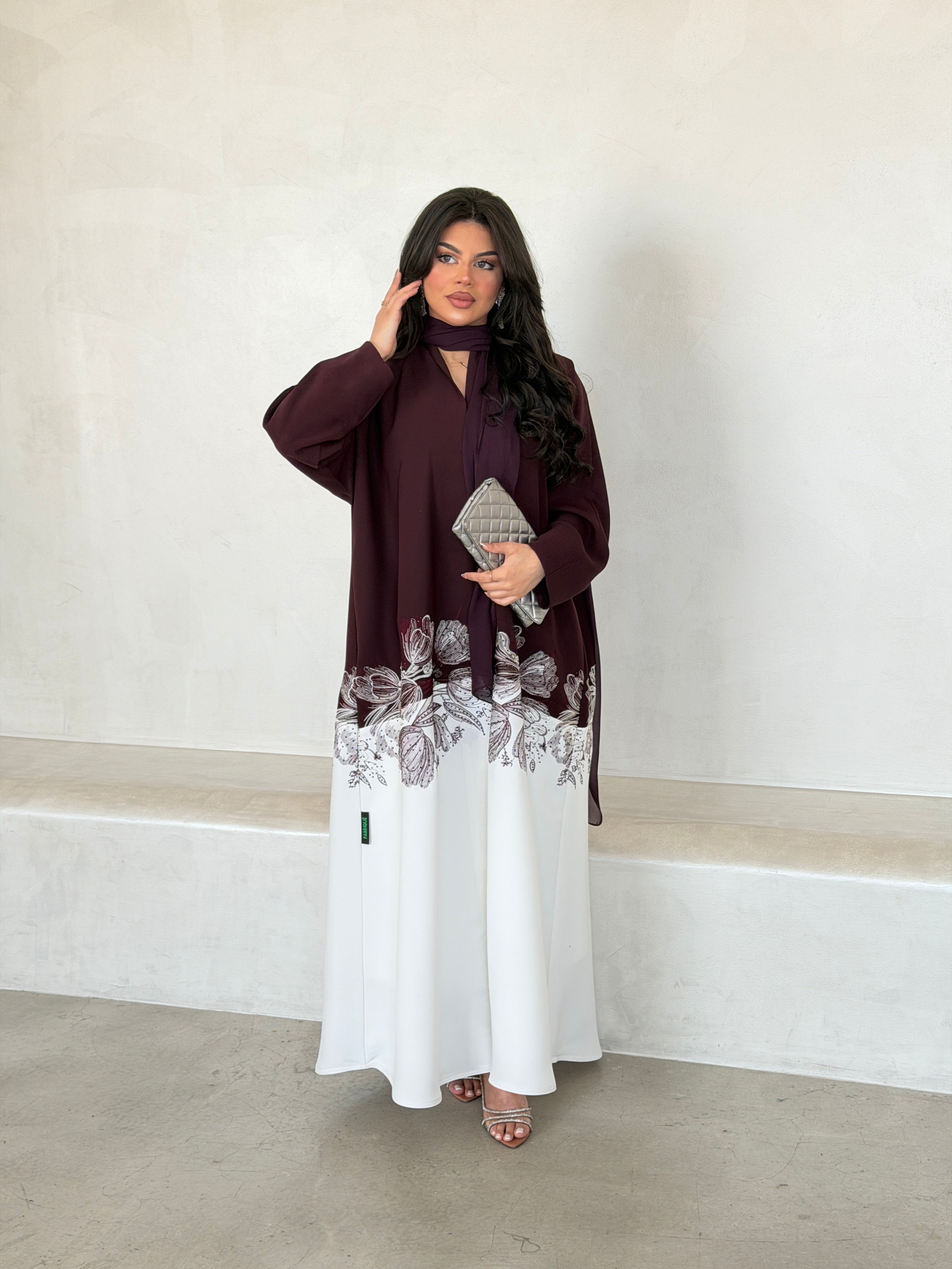 FAB293- Burgundy & White Crepe Crystal Embroidered Abaya