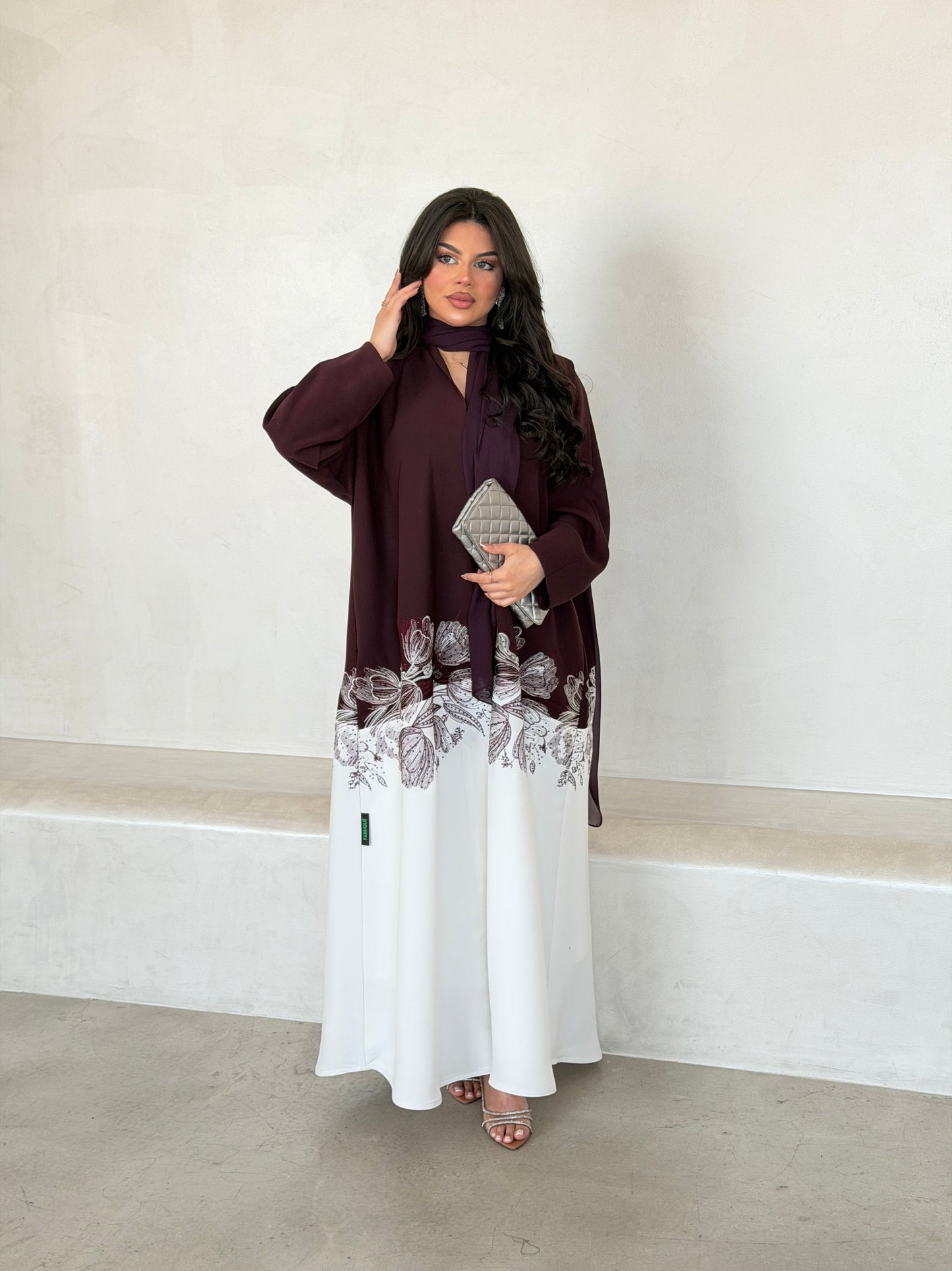FAB293- Burgundy & White Crepe Crystal Embroidered Abaya