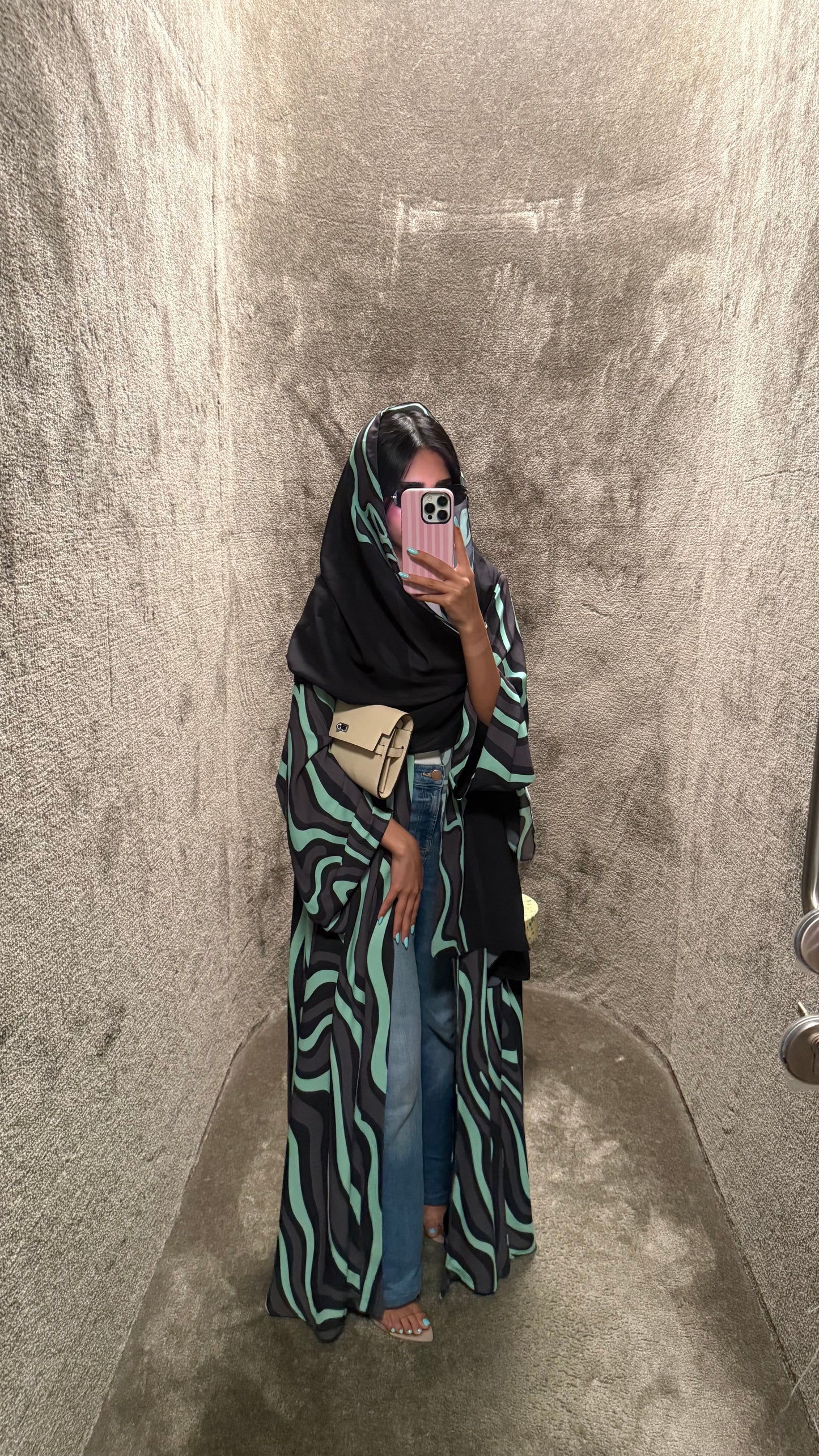 FAB323-Tiffany & Black Printed Abaya and Headscarf – Straight Cut