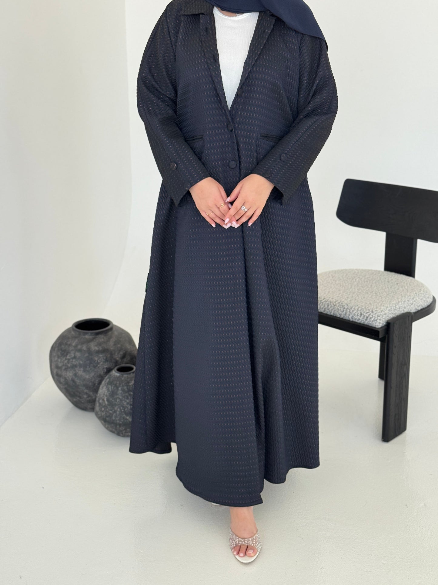 FAB228-Navy Blue Textured Classic Jacquard Abaya with headscarf