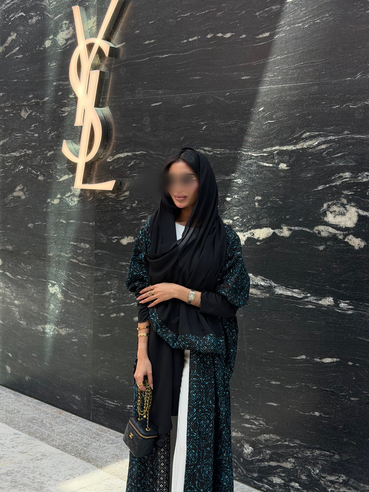 FAB341-Black Green Embroidery Half-Bisht Cut Abaya with Fitted Black Stretch Sleeves and matching headscarf