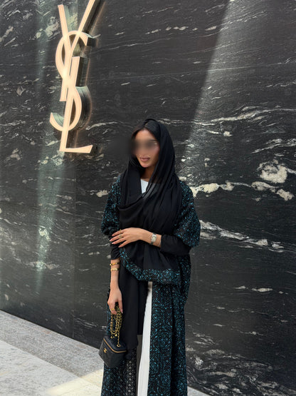 FAB341-Black Green Embroidery Half-Bisht Cut Abaya with Fitted Black Stretch Sleeves and matching headscarf