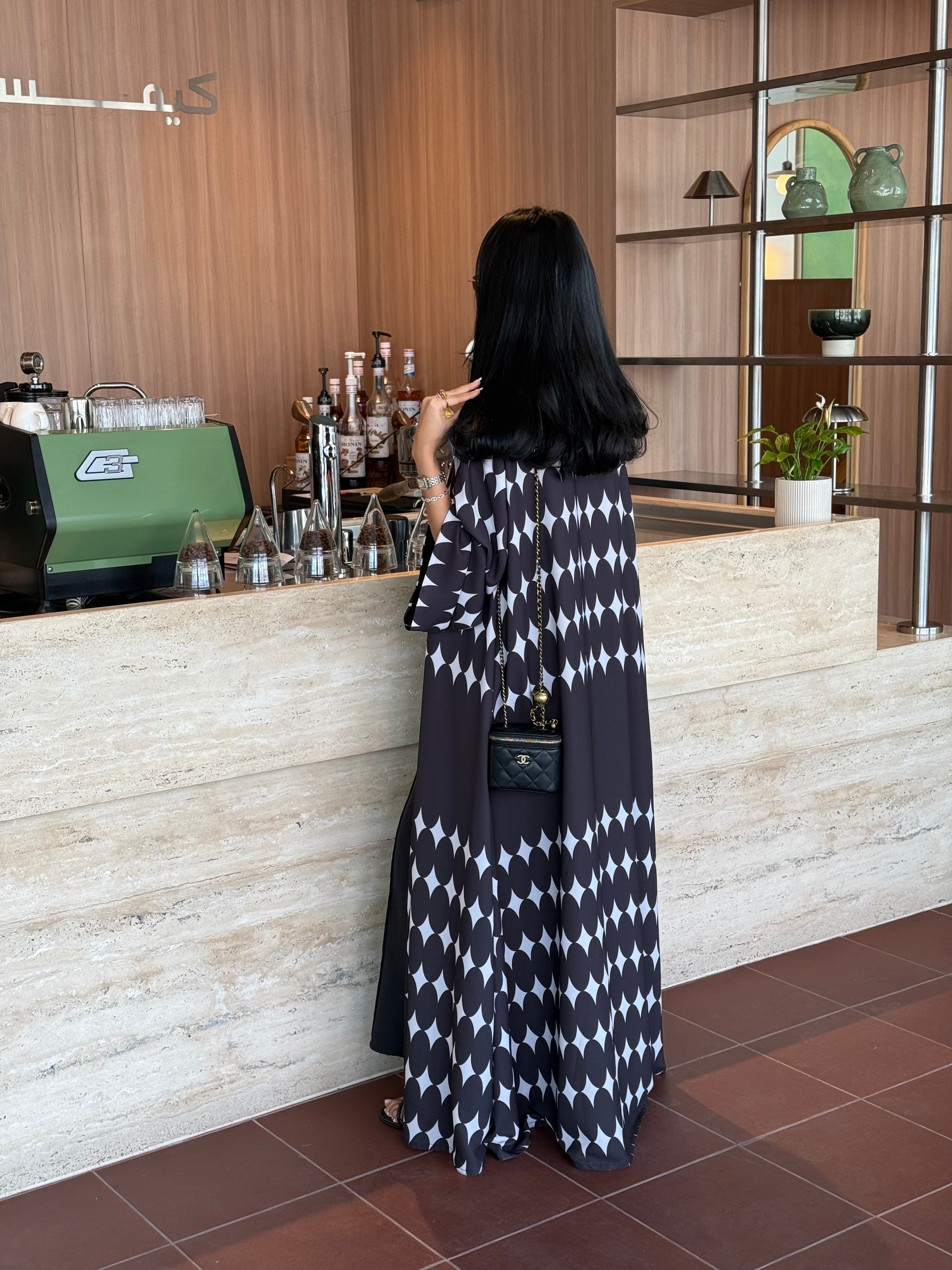 FAB334-White & Black Diamond Print Straight-Cut Abaya with Matching Headscarf