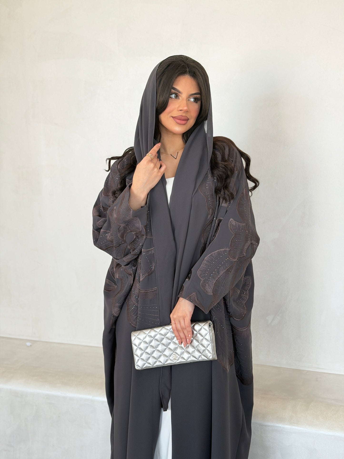 FAB296- Grey Crystal Embroidered Half Bisht Cut Crepe Abaya