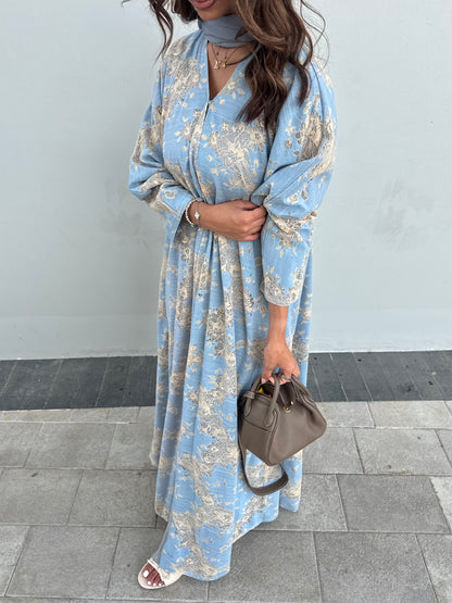 FAB300- Yellow and Blue Lace and Linen Summer A-Cut Abaya