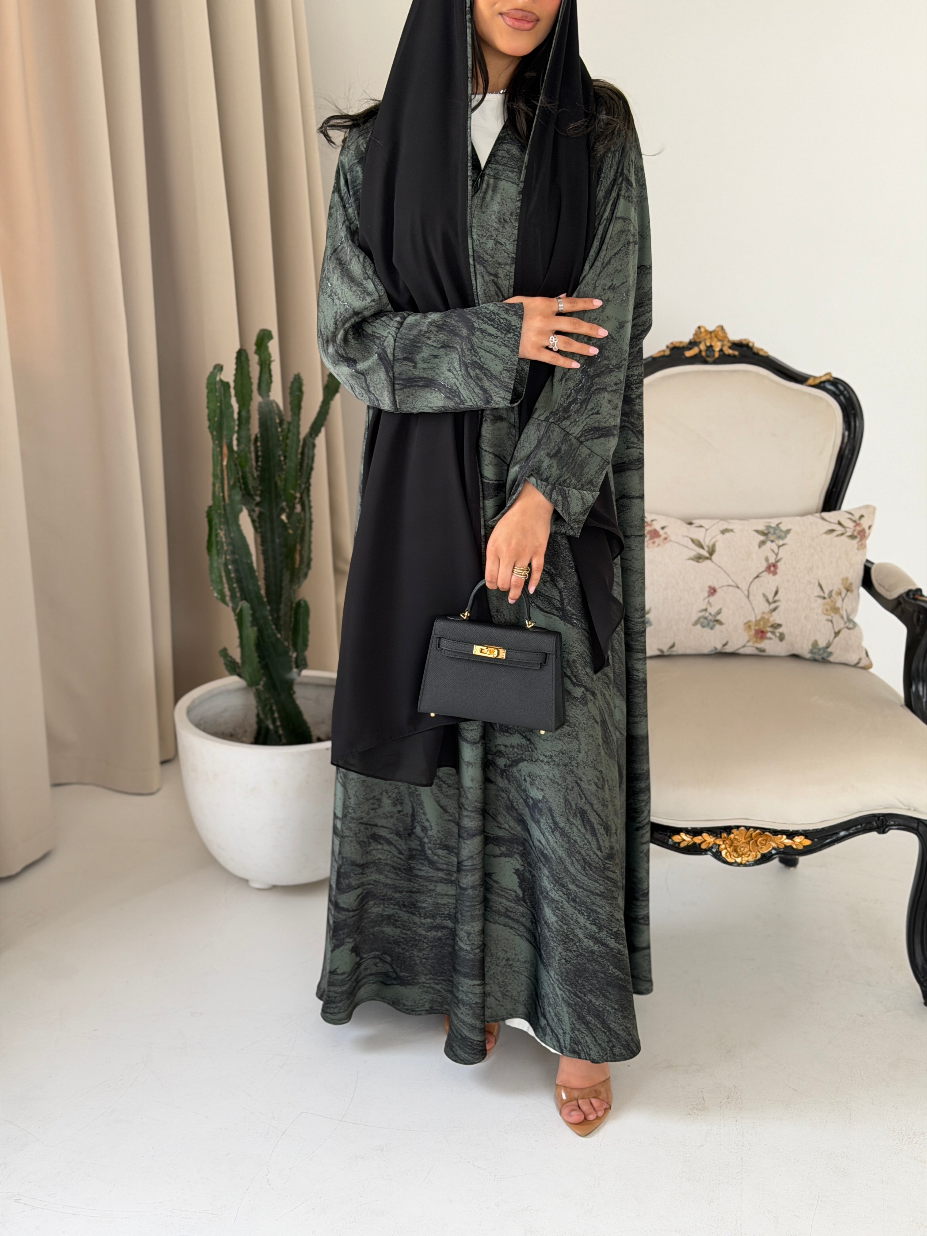 FAB288- Green Marble Print - Crepe A-Cut Abaya with pipping headscarf