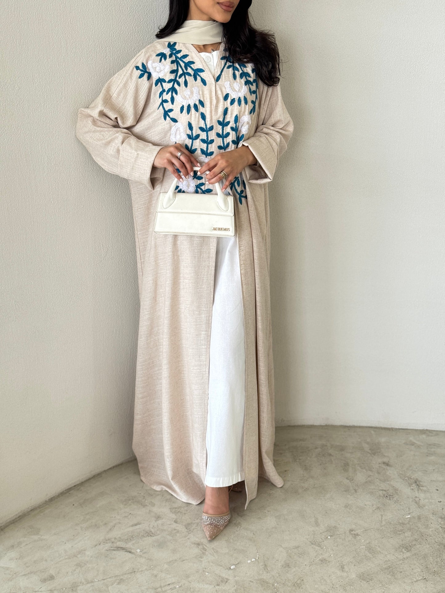 FAB190- Beige Summer Linen - Half-bisht cut Abaya