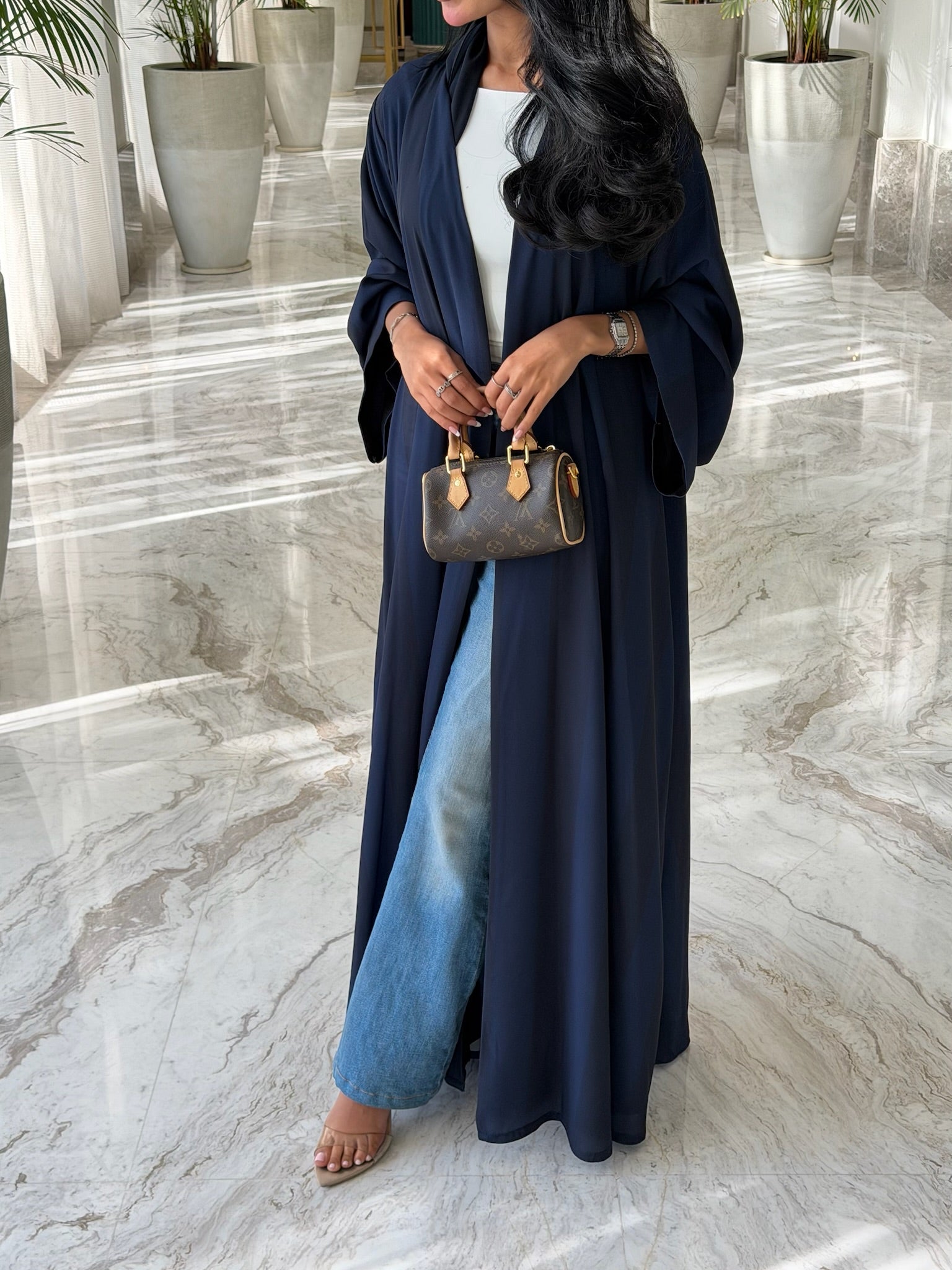 FAB330-Blue Basic Light Stripped Printed Klosh Abaya Set