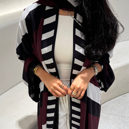 FAB302-Maroon & Black Printed Chiffon Silk A-Cut Abaya Set