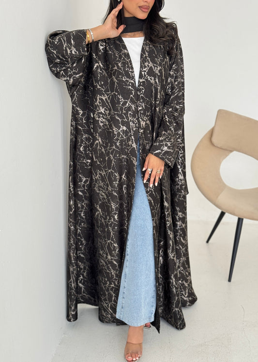 FAB208-Elegant Olive Grey Metallic Crepe Silk A-Cut Abaya with headscarf