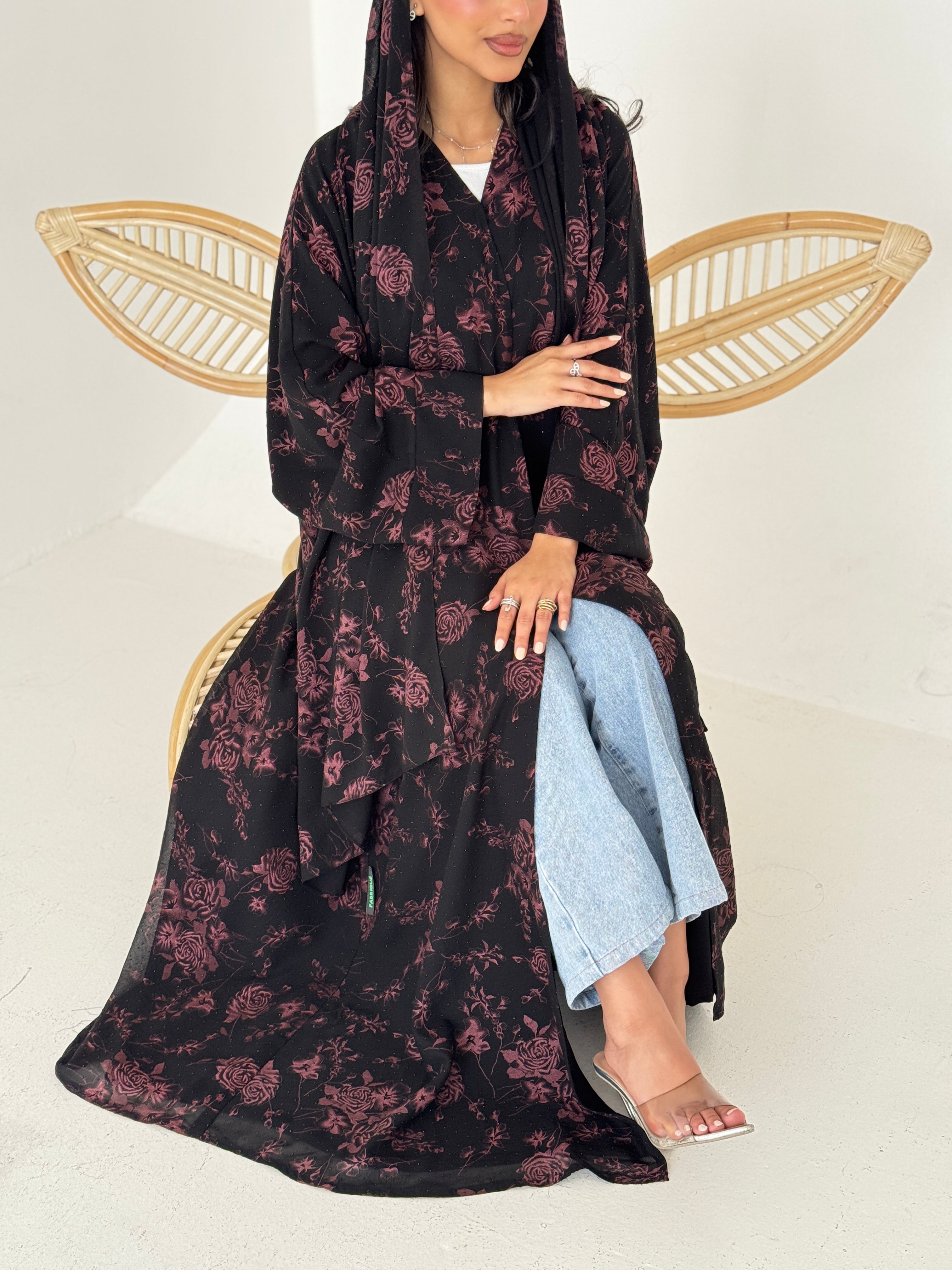 FAB202-Red Black Chiffon Pattern Summer Abaya with headscarf