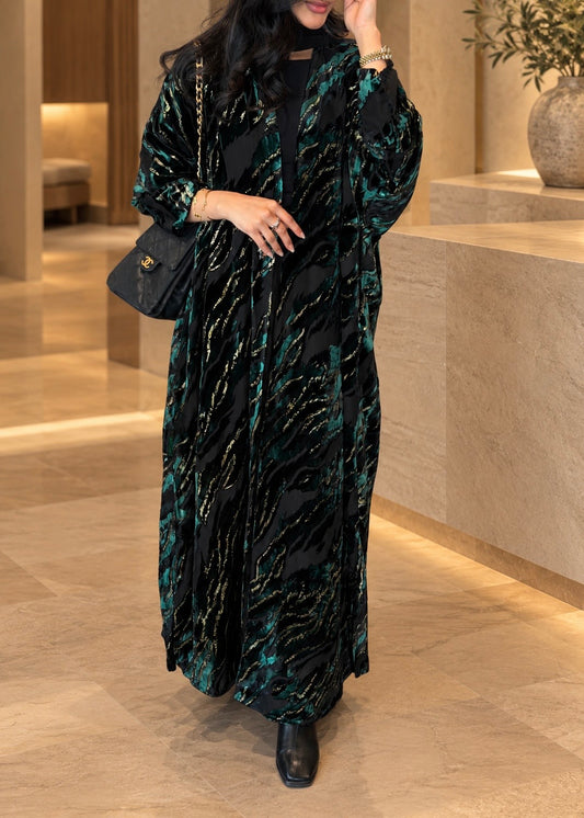 FAB351-Green and Black Chiffon Half Bisht-Cut Abaya with Velvet Shimmer Print and Black Headscarf