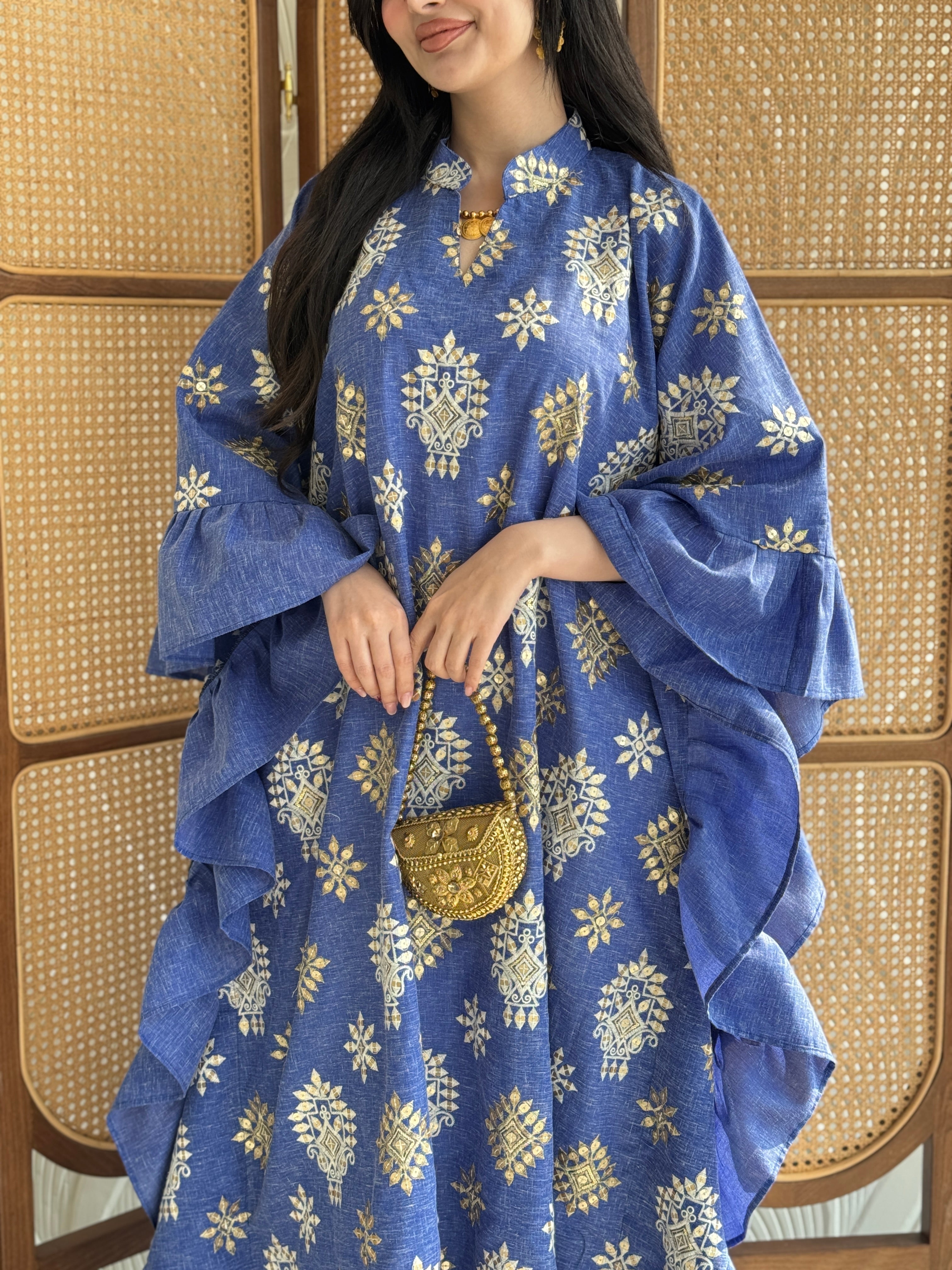 FAB273-Blue Linen Embroidered Butterfly-Cut Jalabiya with Ruffled Sleeves