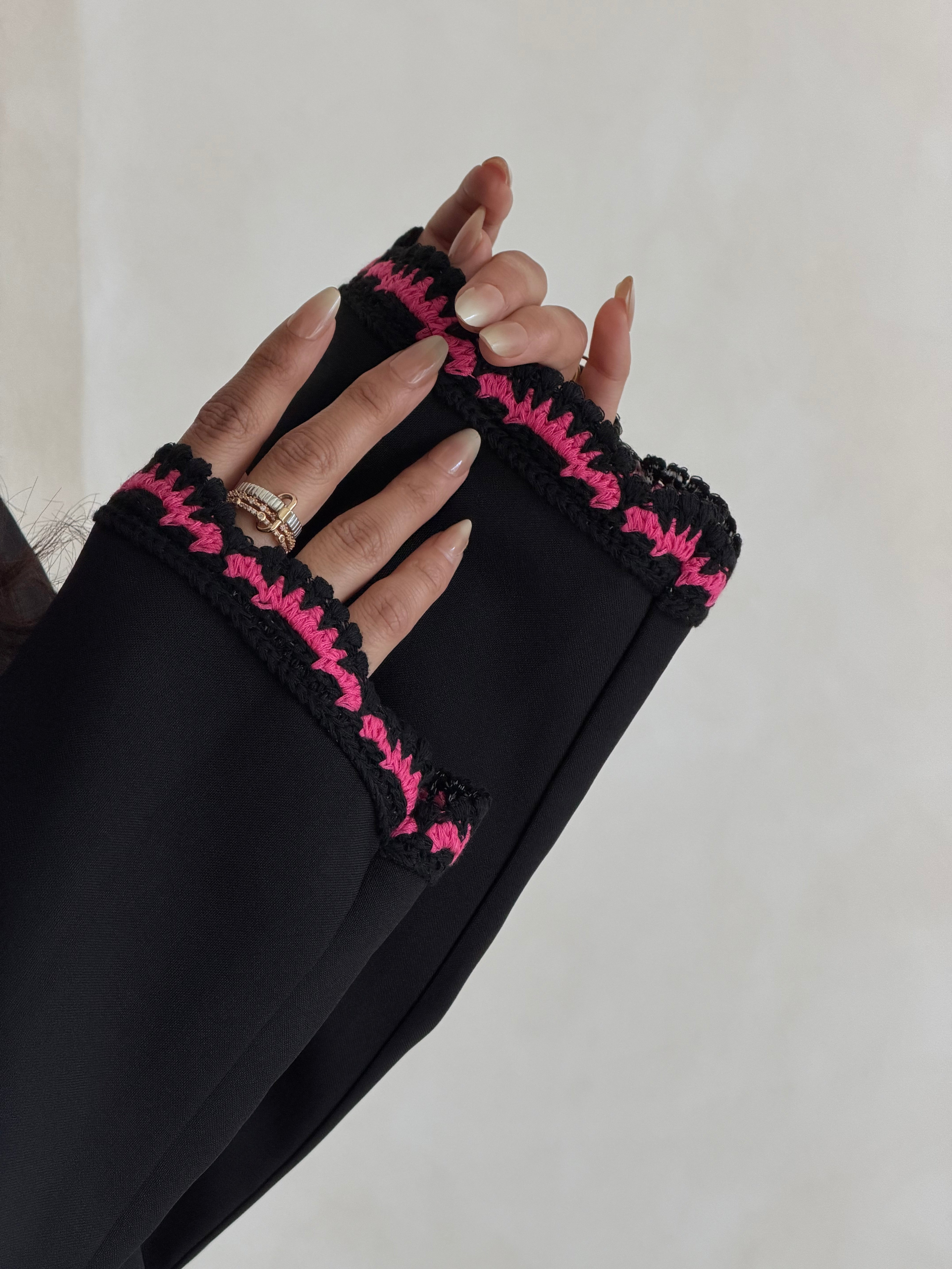 FAB346- Pink Crochet Black Crepe Klosh-Cut Abaya with Headscarf