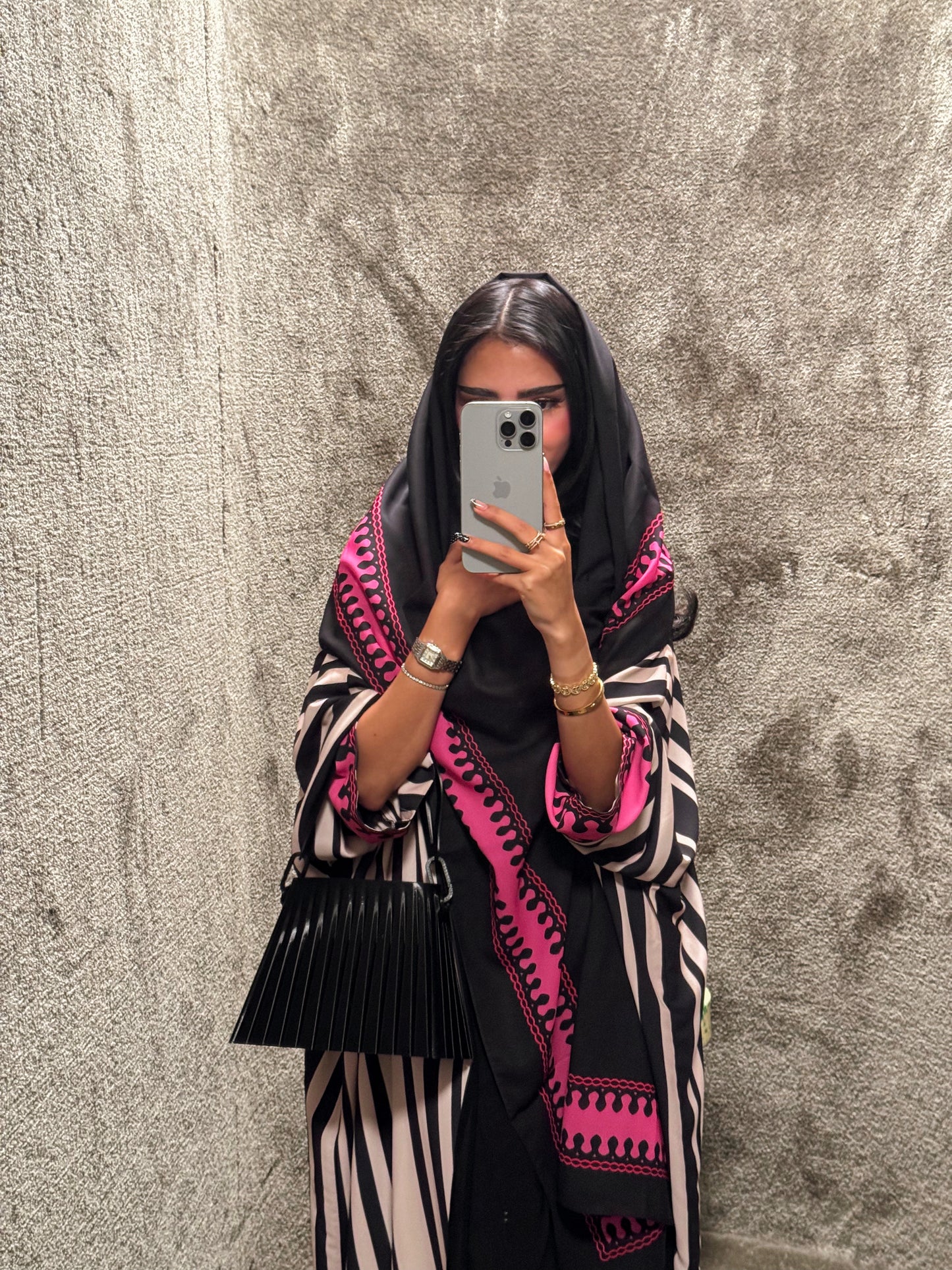 FAB320-Fuchia Black & Light Beige Striped Half Bisht-Cut Abaya with Neon border print