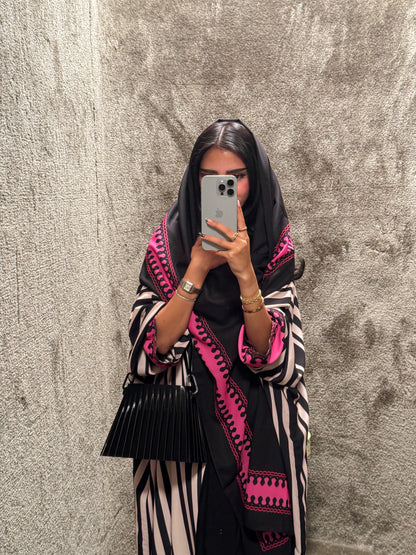 FAB320-Fuchia Black & Light Beige Striped Half Bisht-Cut Abaya with Neon border print