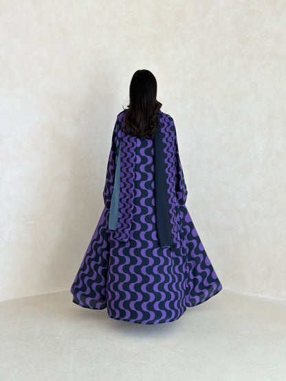 FAB345- Purple Blue Waves Printed Straight-Cut Abaya and matching headscarf