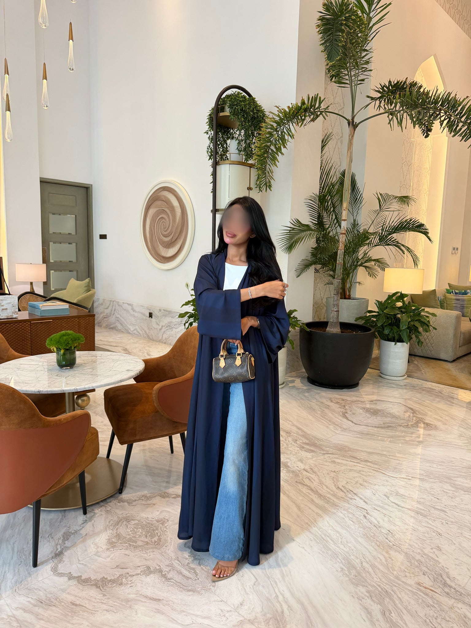 FAB330-Blue Basic Light Stripped Printed Klosh Abaya Set