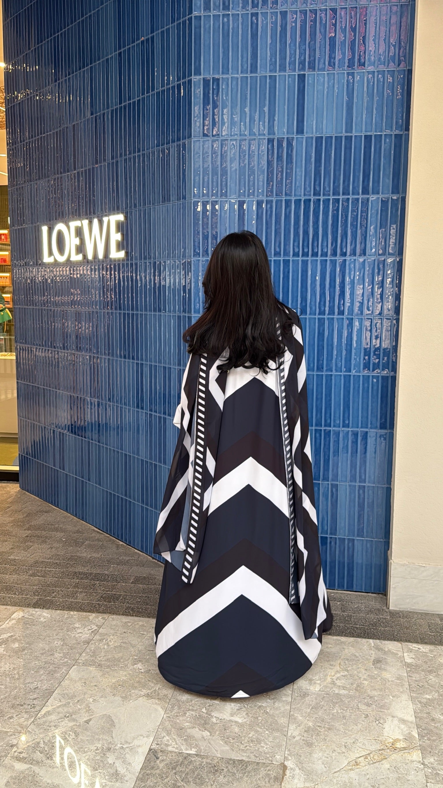 FAB303- Blue & Black Print Chiffon Silk A-Cut Abaya Set