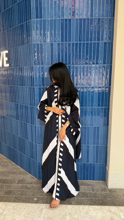 FAB303- Blue & Black Print Chiffon Silk A-Cut Abaya Set