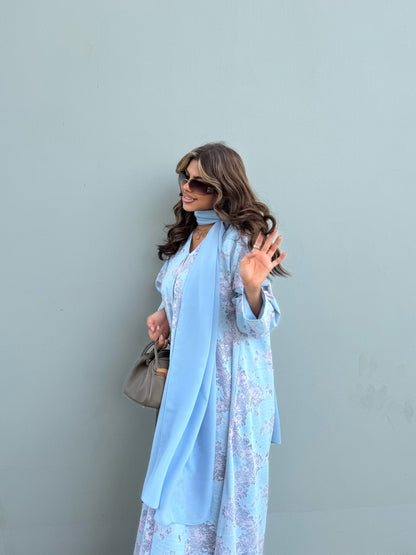 FAB299- Pink and Blue Lace and Linen Summer A-Cut Abaya
