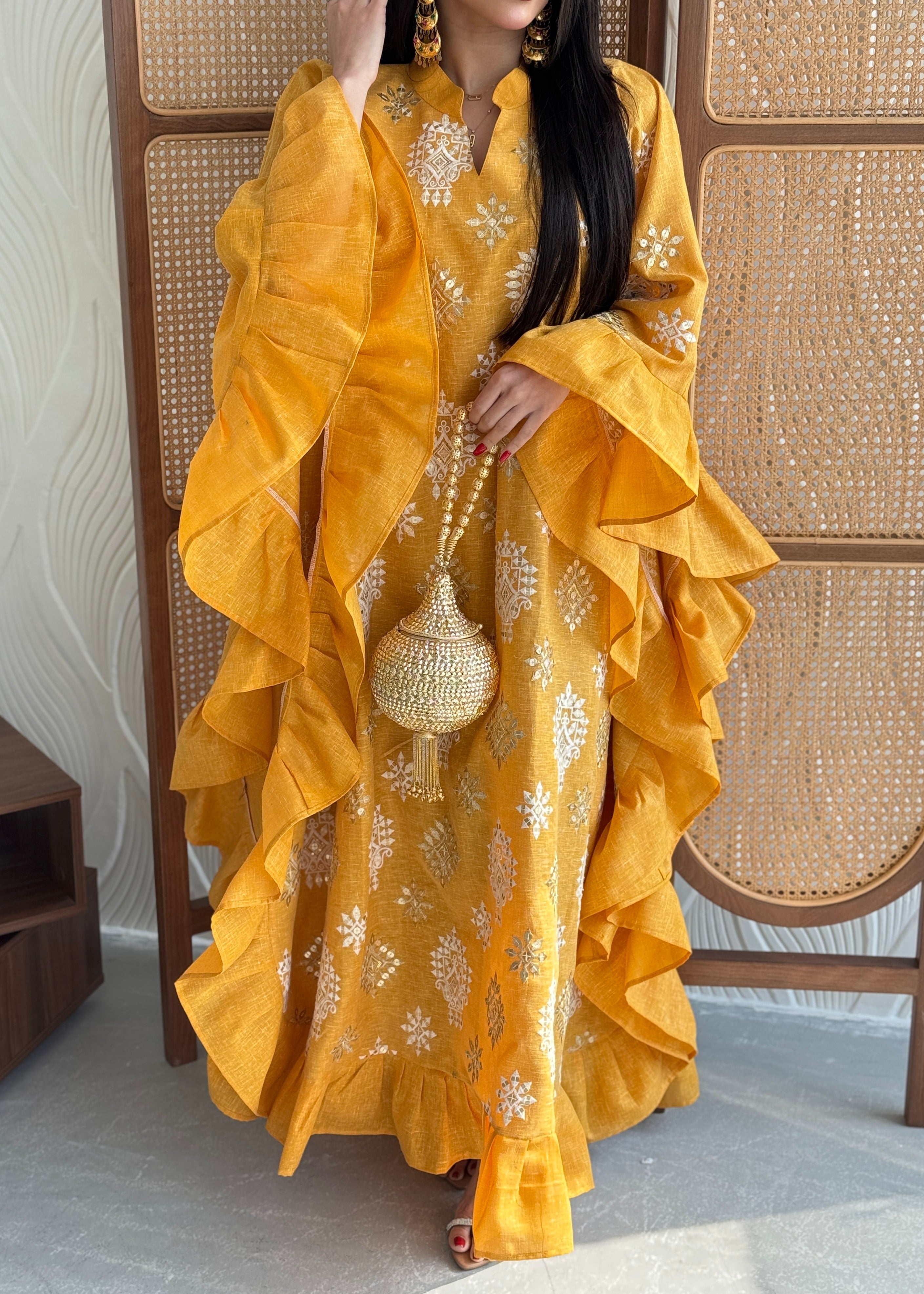FAB274-Mustard Yellow Linen Embroidered Butterfly-Cut Jalabiya with Ruffled Sleeves