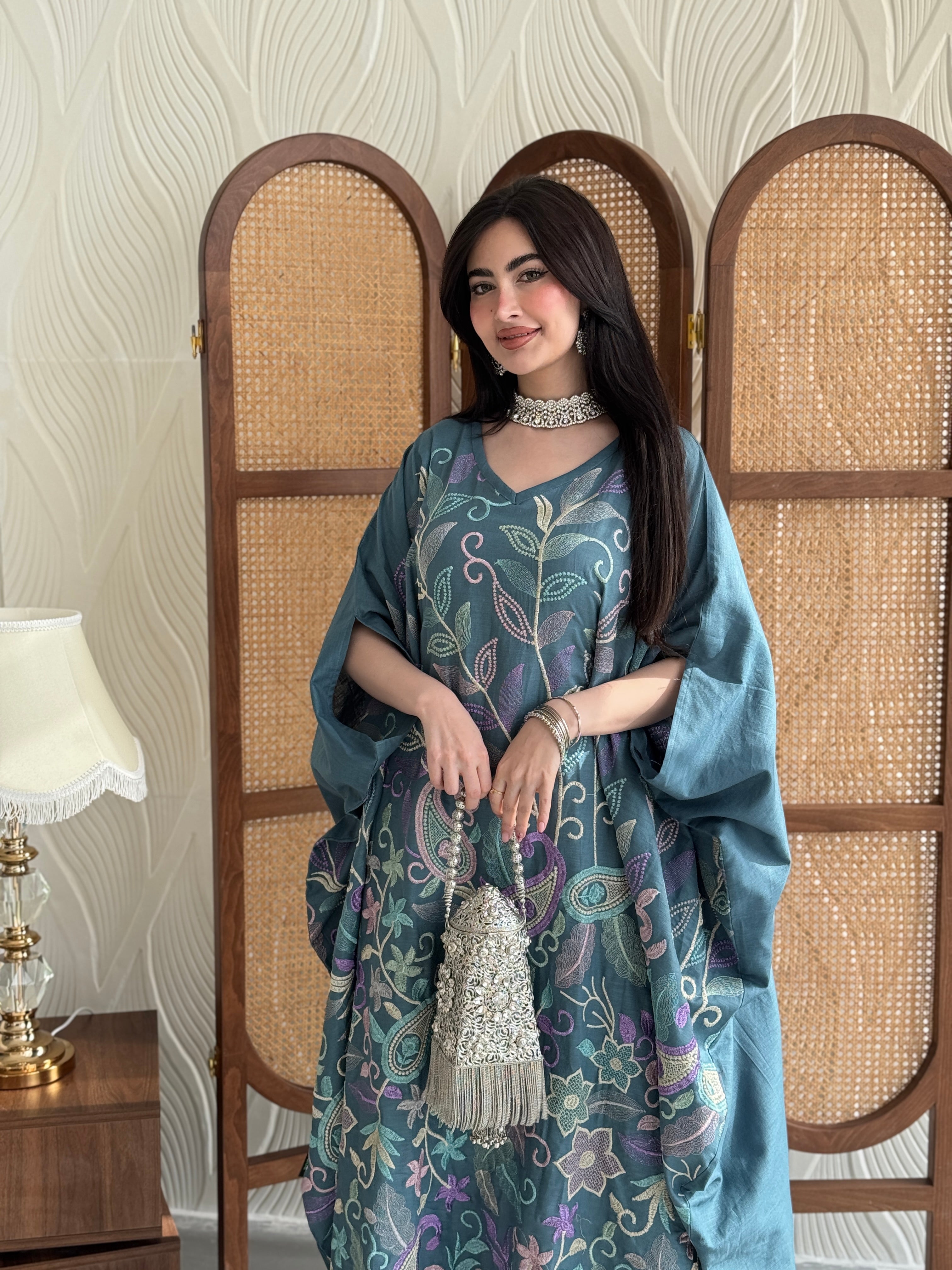 FAB263-Teal Blue Linen free-size jalabiya with elegant multicolor embroidery