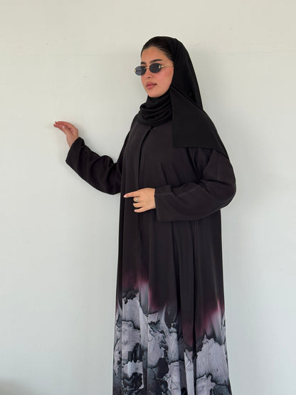 FAB209- Grey Ombre Waves print Shiffon A-cut Abaya with headscarf