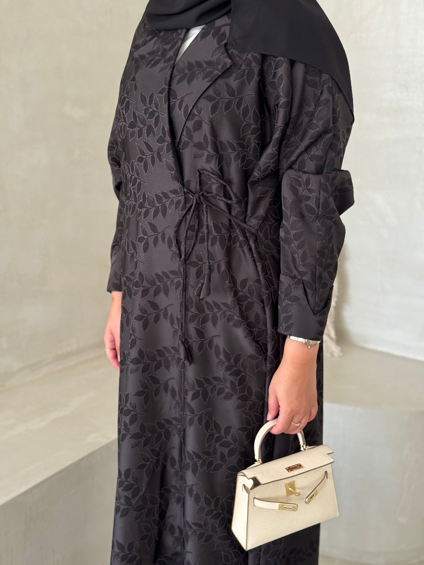 FAB198- Grey-Black Collar Blazer Cut Abaya with headscarf
