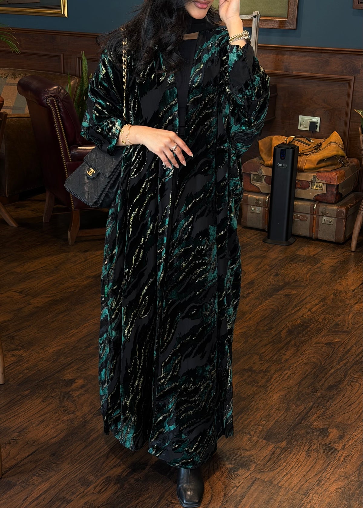 FAB351-Green and Black Chiffon Half Bisht-Cut Abaya with Velvet Shimmer Print and Black Headscarf
