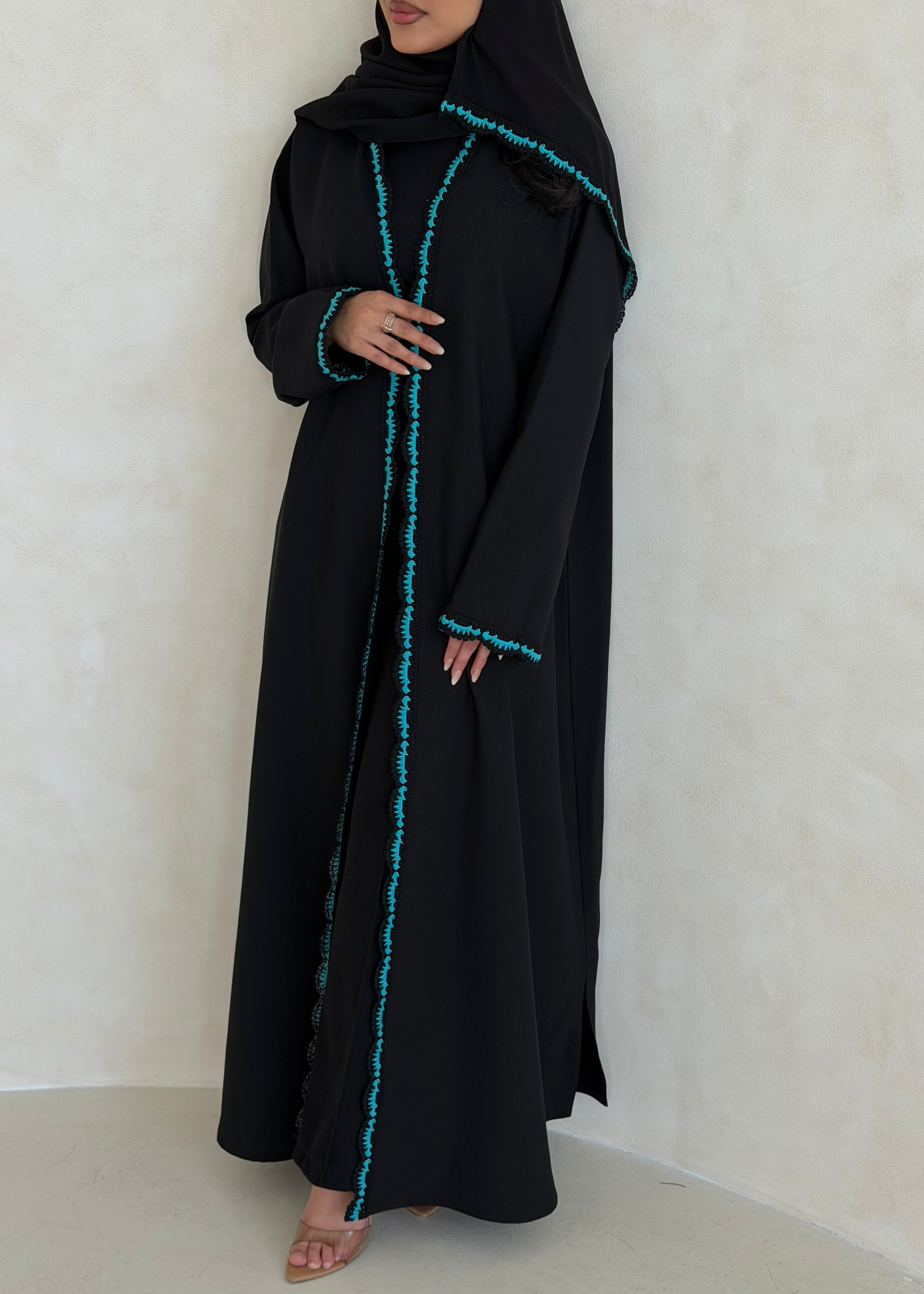 FAB347- Tiffany Crochet Black Crepe Klosh-Cut Abaya with Headscarf