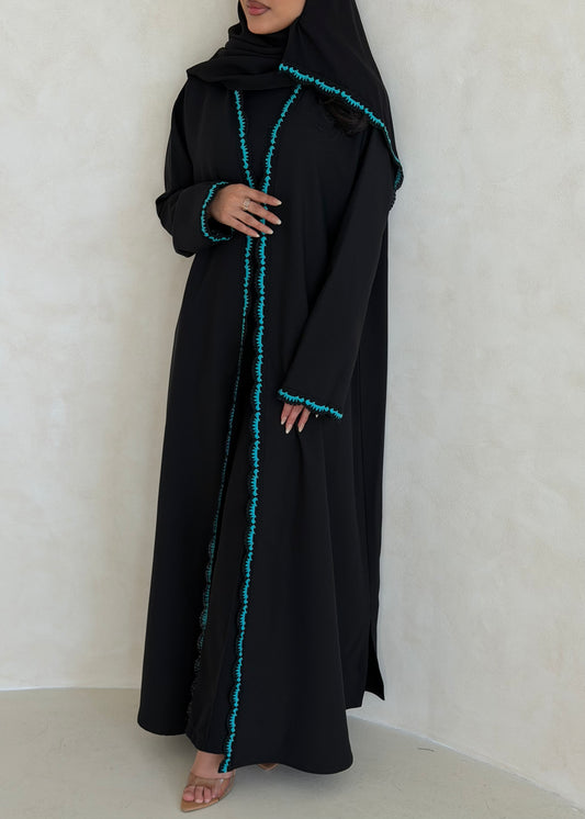 FAB348- Tiffany Crochet Black Crepe Klosh-Cut Abaya with Headscarf