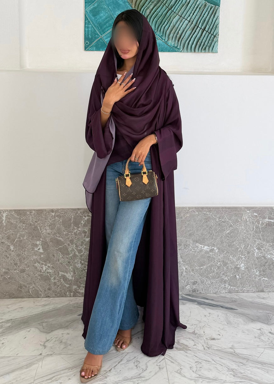 FAB329-Purple Basic Light Stripped Printed Klosh Abaya Set